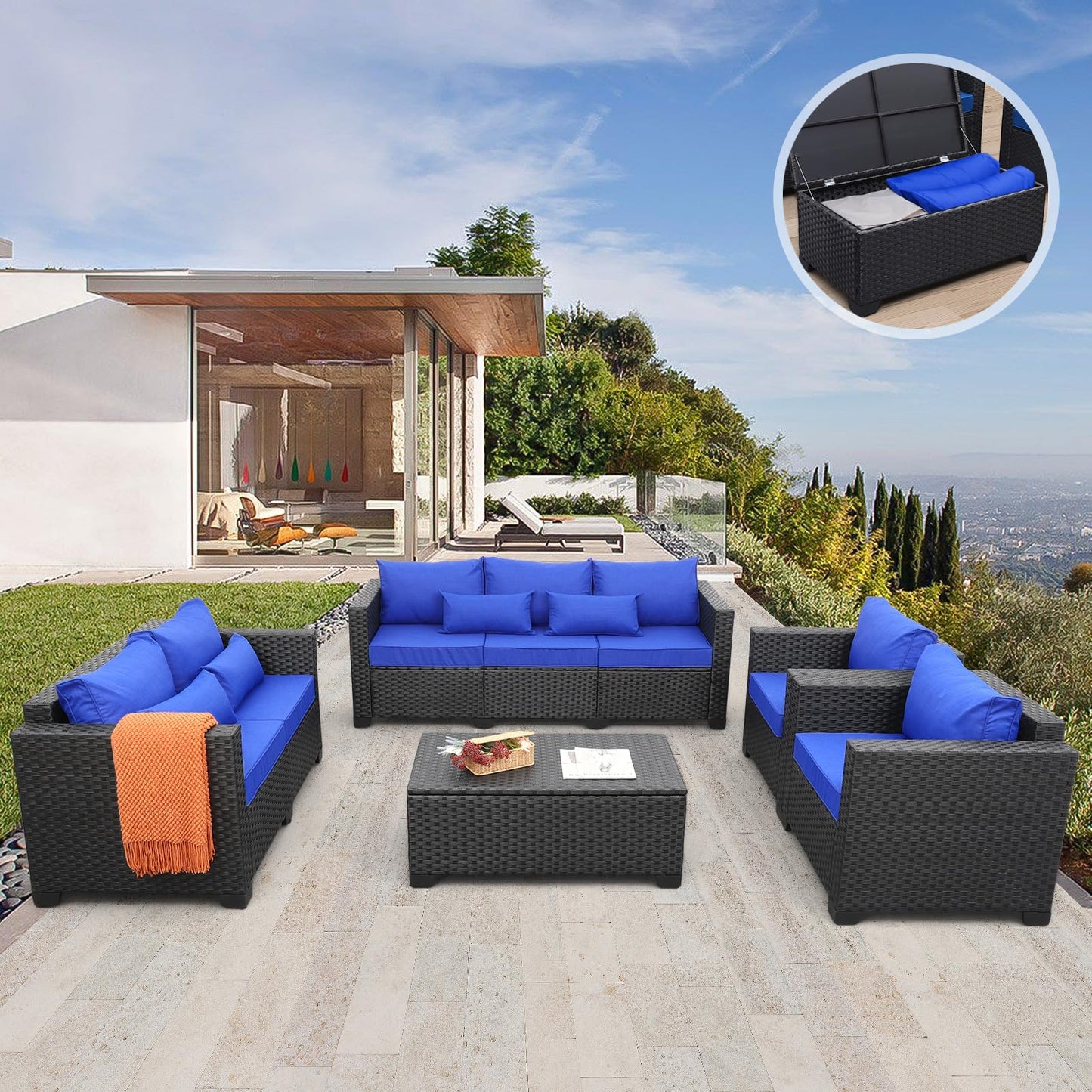 Rattaner 5 Pcs Outdoor Furniture Sets Patio Furniture Set with 45" Fire Pit Patio Couch Outdoor Chairs 60000 BTU Steel Propane Fire Pit Table No-Slip Cushions and Waterproof Covers, Light Grey