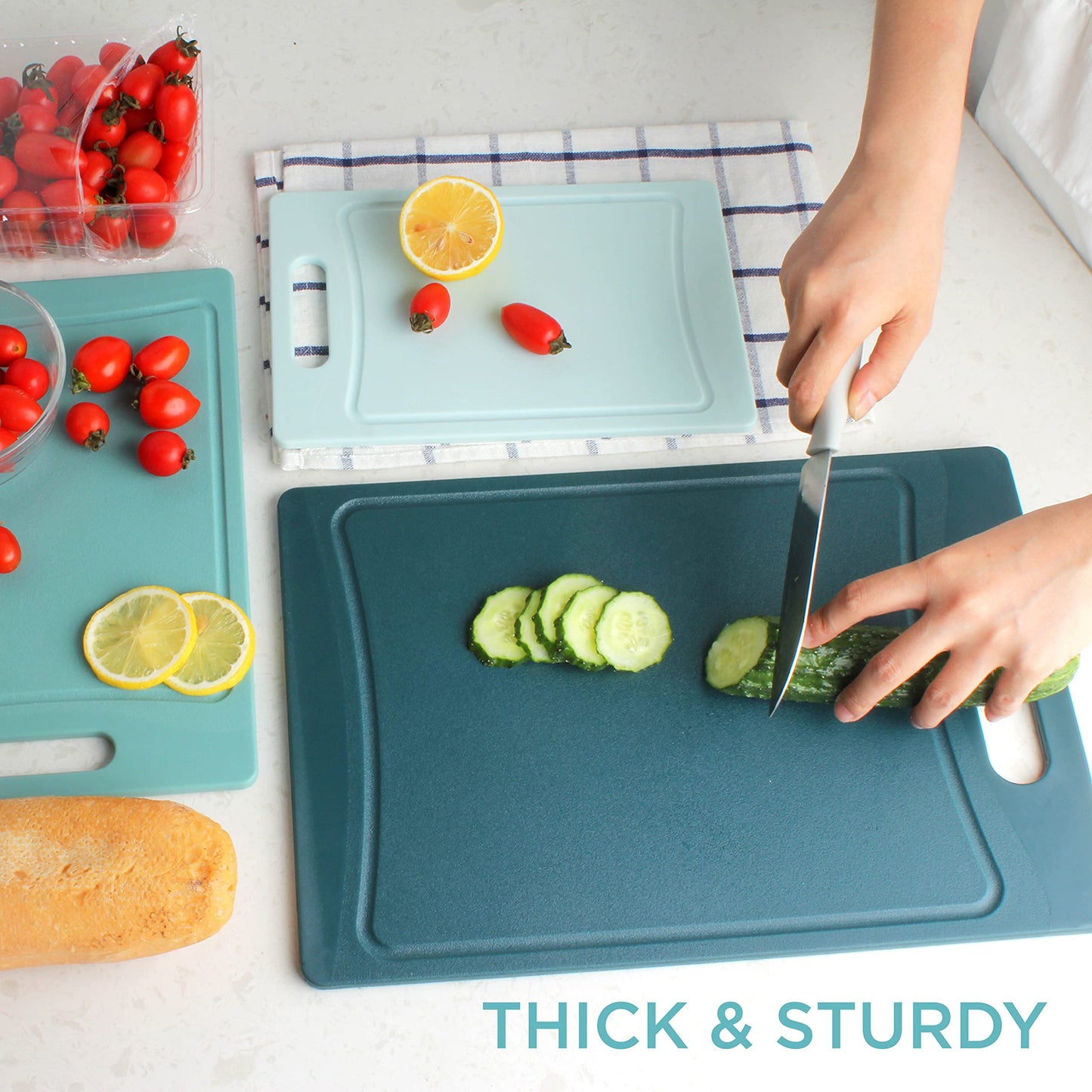 COOK WITH COLOR Non-Slip Cutting Board Set – Kitchen Essentials with Easy Grip Handle for Meat, Veggies, and Fruits, 3 Cutting Boards, Teal
