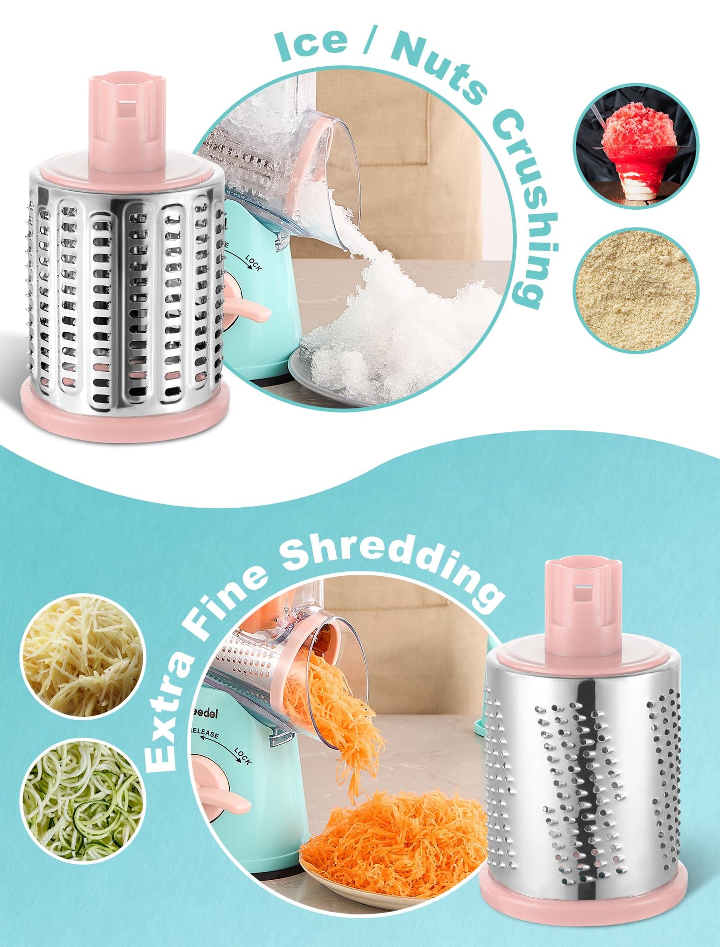 Geedel Rotary Cheese Grater Cheese Shredder - Upgraded 5-in-1 Cheese Grater with Handle and Strong Suction Base, Multi-purpose Vegetable Slicer Ice Shaver Nuts Grinder for Ice, Vegetables, Fruit, Nuts
