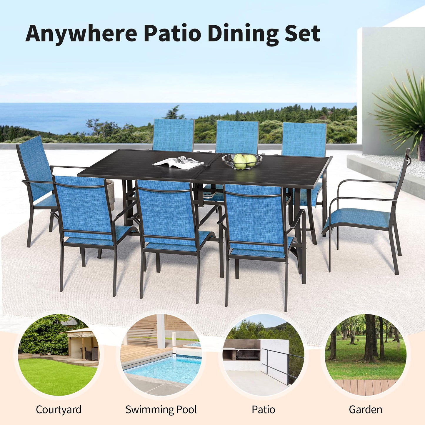9-Piece Outdoor Patio Dining Set with 8 Swivel Rocker Chairs, Rectangular Metal Table with Umbrella Hole, 8-Person Patio Table and Chairs for Backyard, Poolside, Balcony and Garden Grey