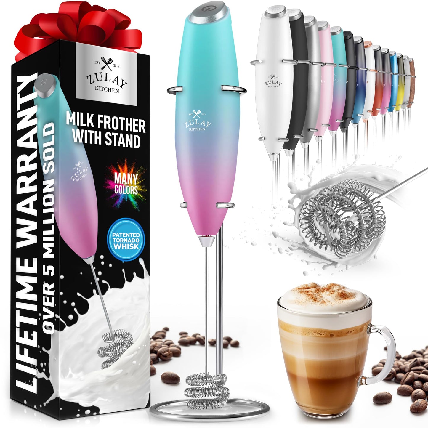 Zulay Double Whisk Milk Frother Handheld Mixer - High Powered Frother For Coffee With Improved Motor - Milk Frother Electric Whisk Drink Mixer For Cappuccino, Frappe, Matcha, Twin Whisk - Black/Copper