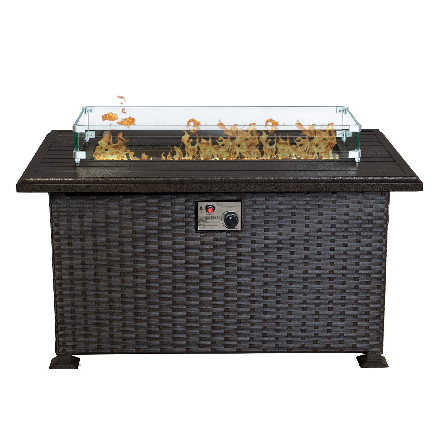 Kozyard Outdoor Patio Propane Gas Fire Pit Table - 50,000 BTU Wicker Design with Aluminum Tabletop, Glass Wind Guard, Clear Glass Rocks Slide Out Tank Holder - Ideal Patio Fire Table (Brown)