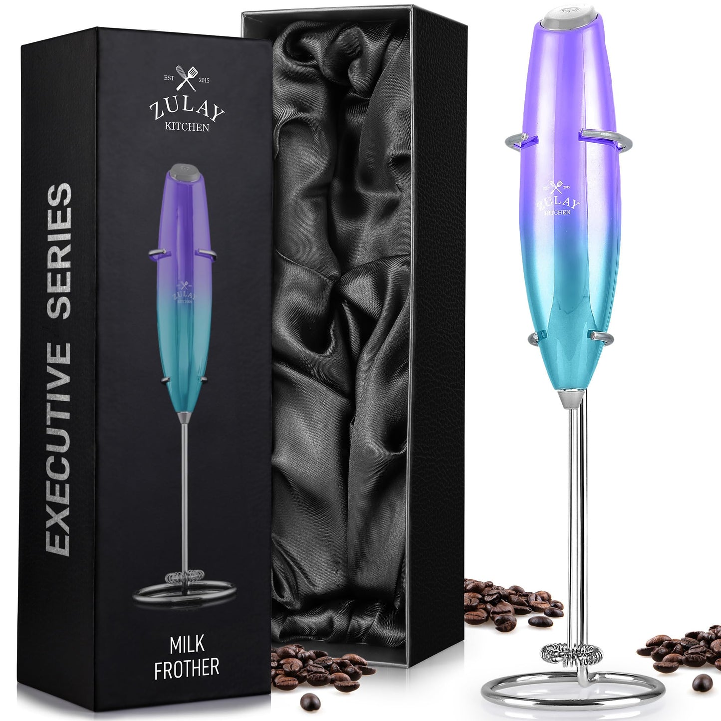 Zulay Double Whisk Milk Frother Handheld Mixer - High Powered Frother For Coffee With Improved Motor - Milk Frother Electric Whisk Drink Mixer For Cappuccino, Frappe, Matcha, Twin Whisk - Black/Copper