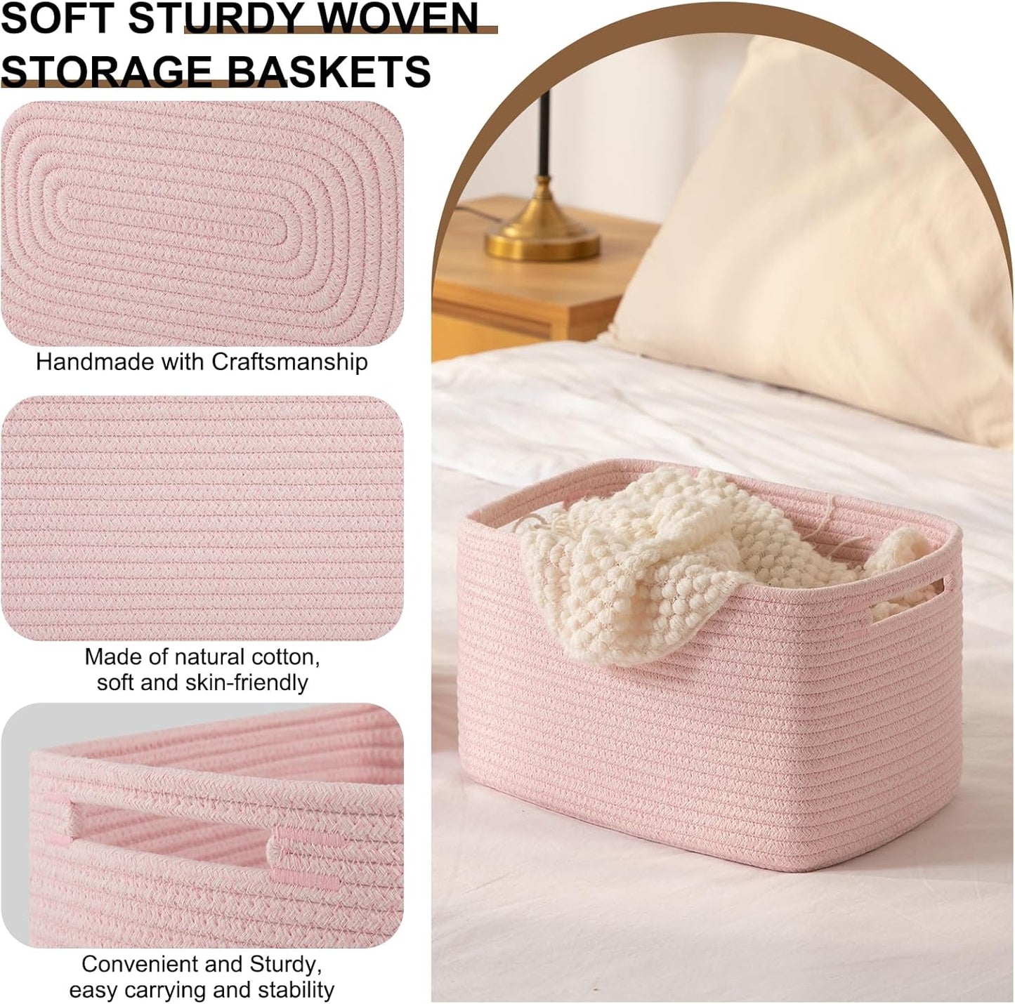 Storage Baskets for Organizing, Woven Decorative Baskets for Shelves - Books, Towels, and Clothes, Cotton Rope Toy Storage Bins, 12.7''Lx9''Wx7.8''H, Pack of 4, Brown