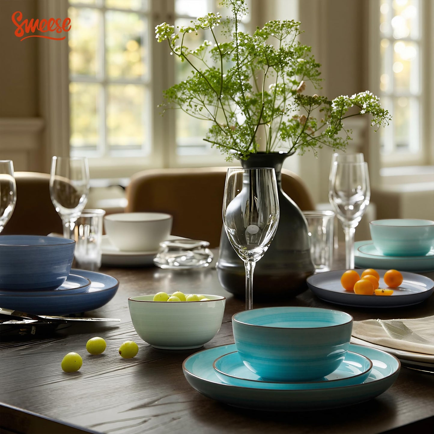 Sweese Plates and Bowls Sets, 18 Piece Dinnerware Set Porcelain Round Dinner Set for 6, Scratch Resistant Dishes Set, Dishwasher and Oven Microwave Safe Handpainted Swirl Dishware Sets, Neutral