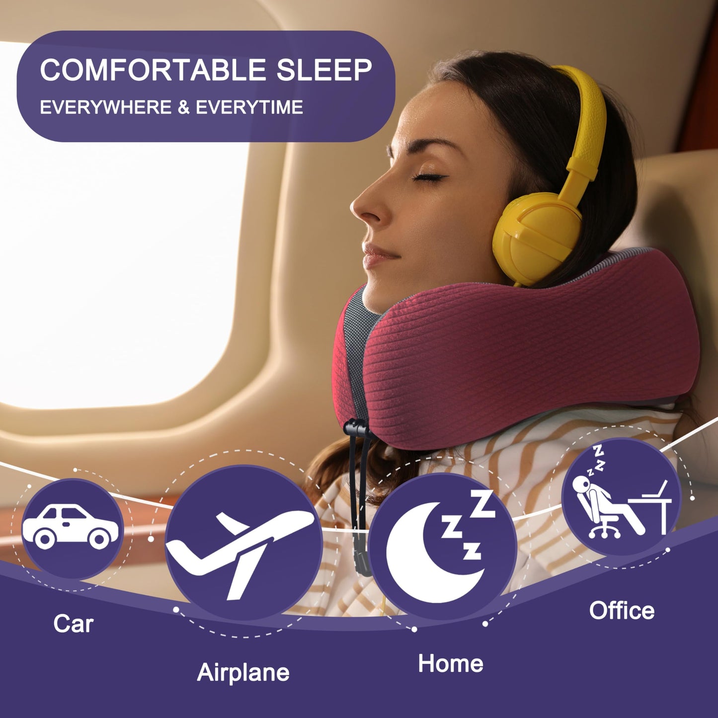 napfun Neck Pillow for Traveling, Upgraded Travel Neck Pillow for Airplane 100% Pure Memory Foam Travel Pillow for Flight Headrest Sleep, Portable Plane Accessories, Full Black