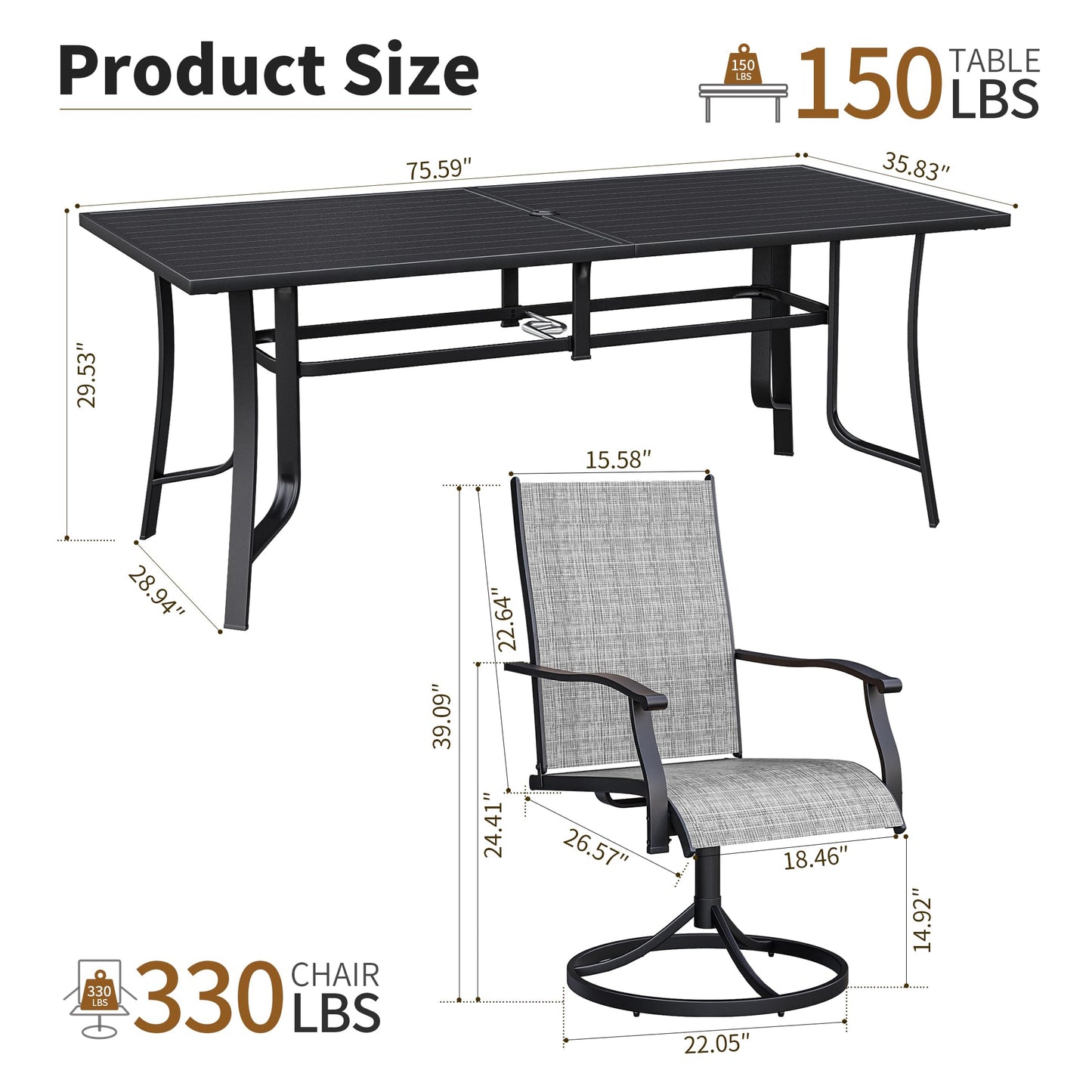 9-Piece Outdoor Patio Dining Set with 8 Swivel Rocker Chairs, Rectangular Metal Table with Umbrella Hole, 8-Person Patio Table and Chairs for Backyard, Poolside, Balcony and Garden Grey