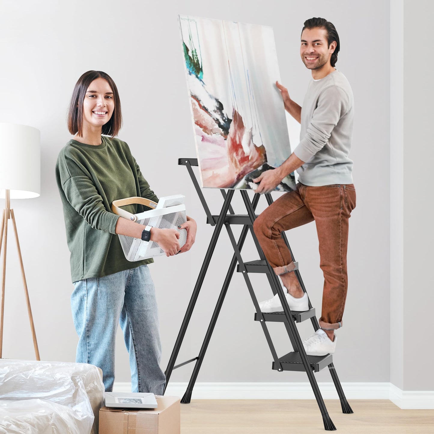 HBTower Step Ladder, Folding Step Stool with Wide Anti-Slip Pedal, Sturdy Steel Ladder, Convenient Handrail, Lightweight, Portable Steel Step Stool