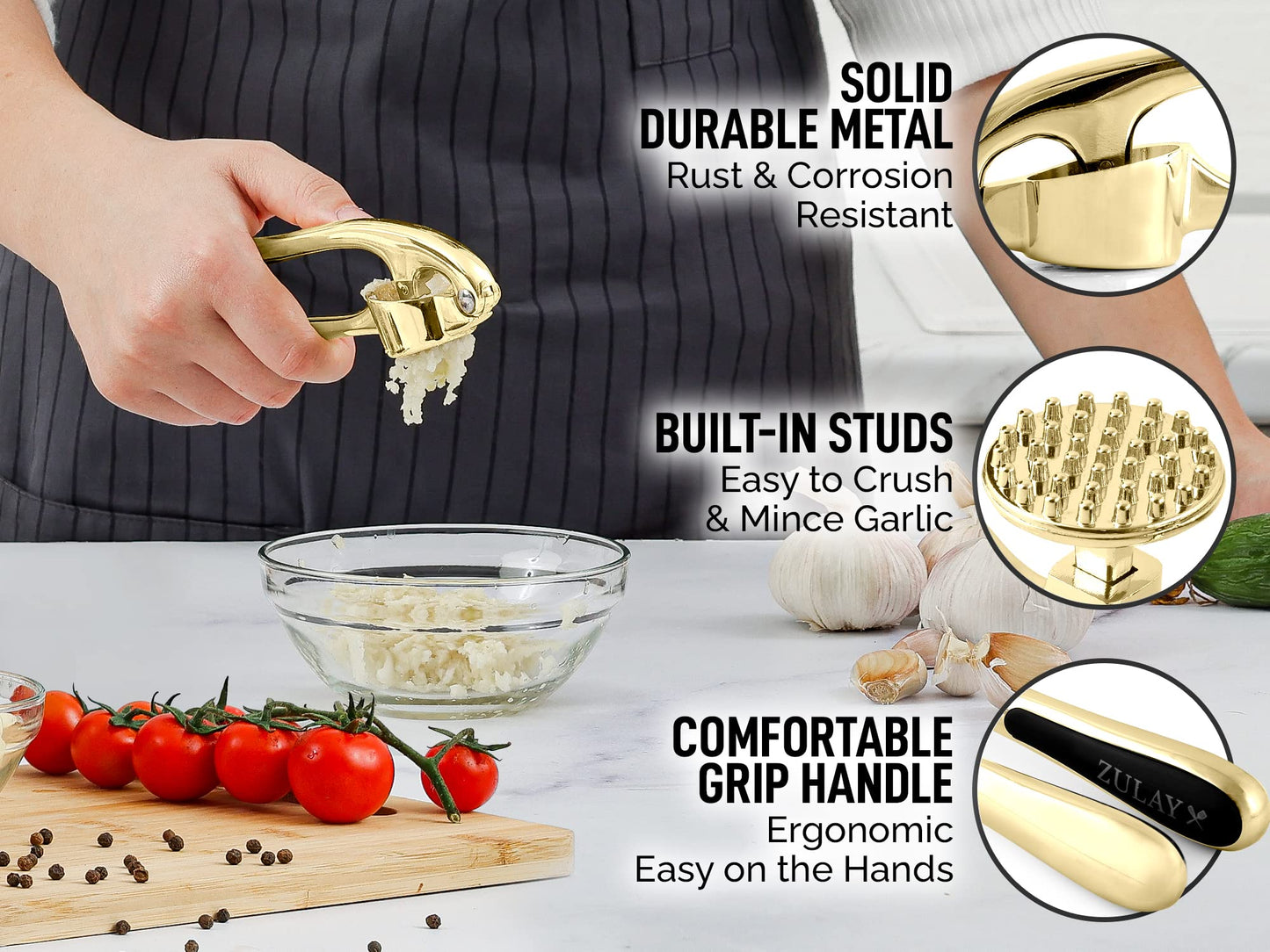 Zulay Kitchen Premium Garlic Press Set - Rust Proof & Dishwasher Safe Professional Garlic Mincer Tool - Easy-Squeeze, Easy-Clean with Soft, Ergonomic Handle - Silicone Garlic Peeler & Brush (Silver)