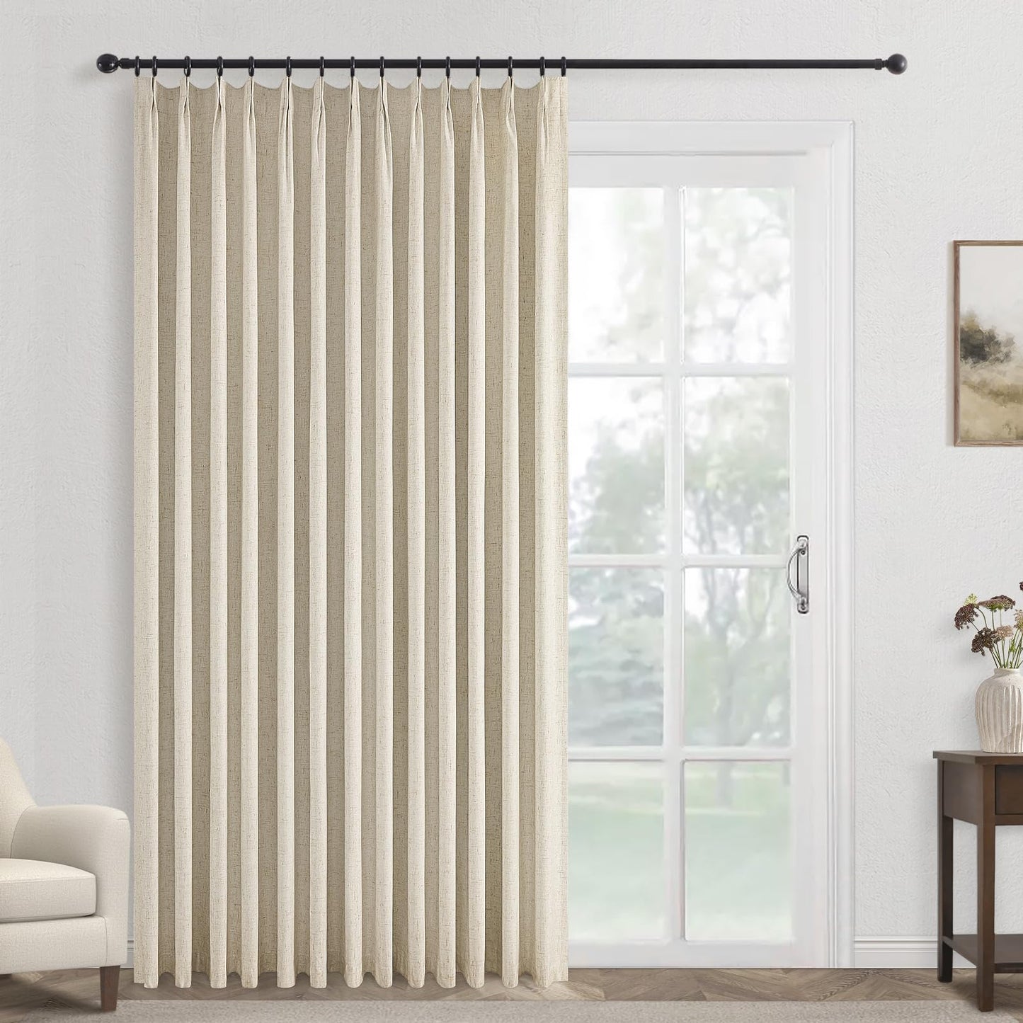 Topfinel 120 Inches Long Extra Long Pinch Pleat Faux Linen Curtains for Living Room,Neutral Beige 100 Percent Blackout Floor to Ceiling Farmhouse Sound Absorbing Drapes 2 Panels for Track System 10 FT