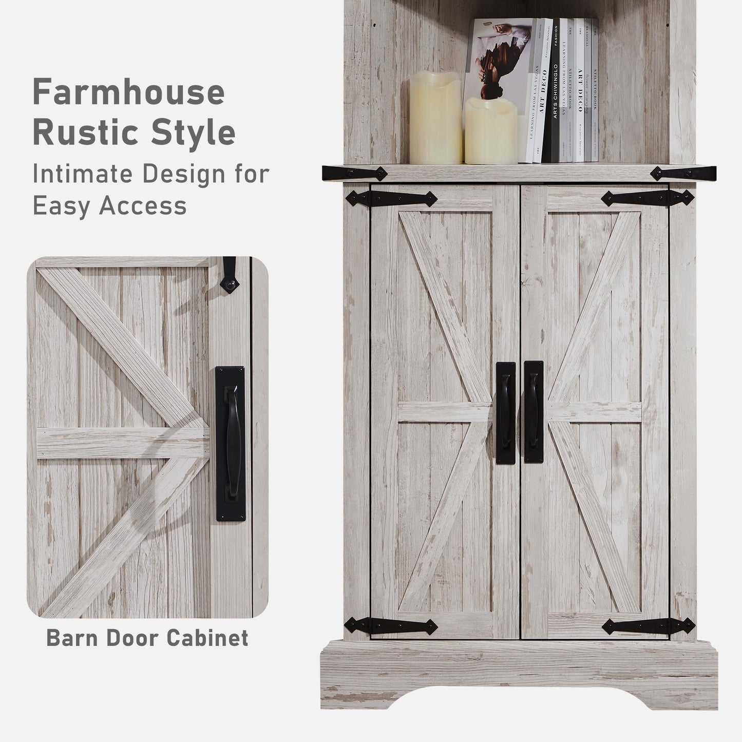 OKD Tall Corner Cabinet, Farmhouse Storage Cabinet with Barn Door Design & Adjustable Shelves, Home Space Saver for Bathroom, Living Room, Rustic Oak with Antique White
