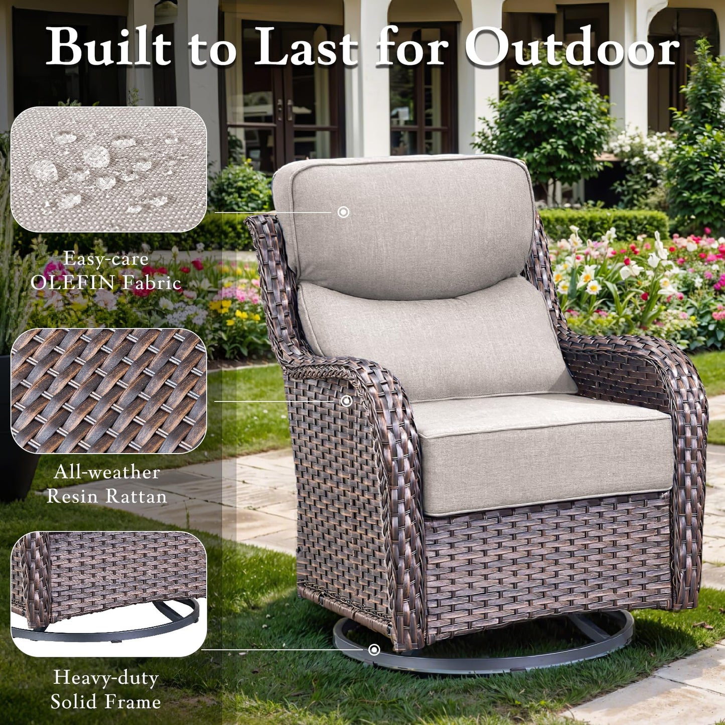 Luxury Outdoor Swivel Rocker Patio Chairs, High Back Swivel Patio Chairs with Side Table & 6-Inch Thick Cushions, Wicker Outdoor Bistro Set for Porch, Yard, Deck, Poolside, Brown/Beige