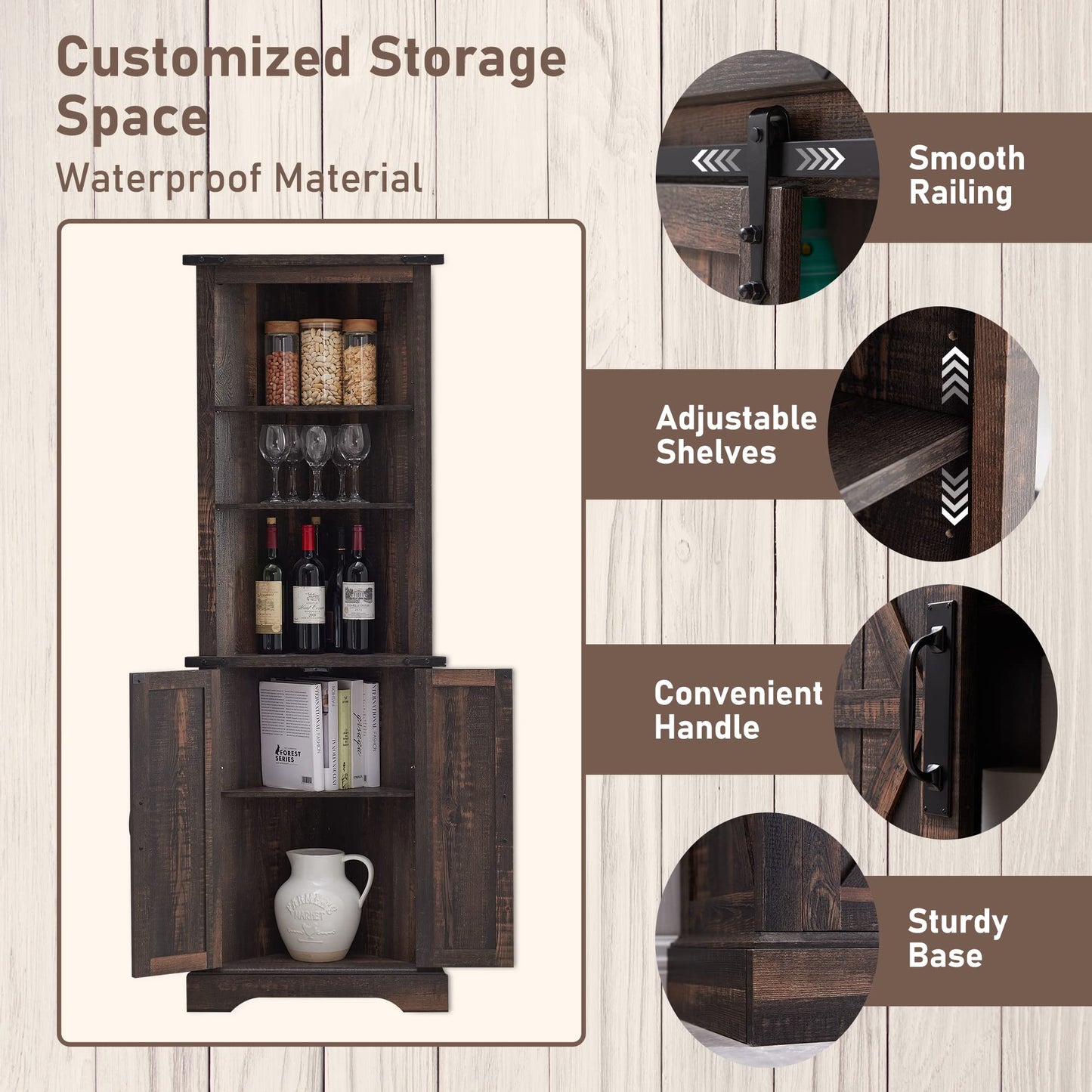 OKD Tall Corner Cabinet, Farmhouse Storage Cabinet with Barn Door Design & Adjustable Shelves, Home Space Saver for Bathroom, Living Room, Rustic Oak with Antique White