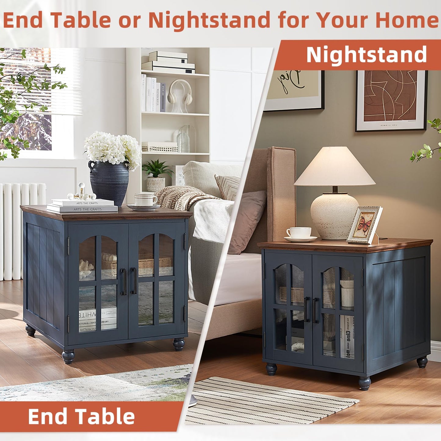 Farmhouse 24" End Table Set of 2 with Charging Station, Large Sofa Side Table with Glass Barn Door,Wood Night Stand with Adjustable Storage Shelf,Square Bedside Table for Living Room,Bedroom