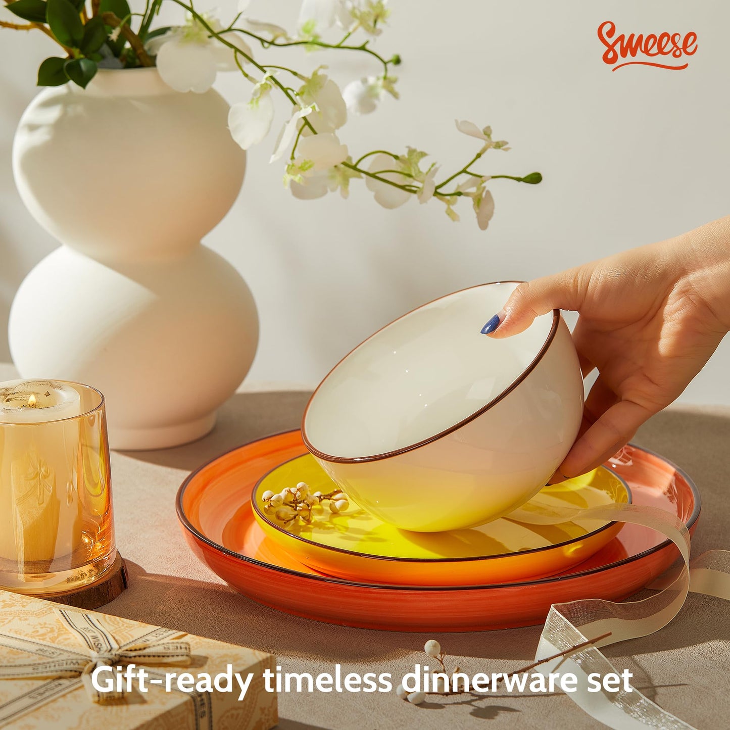 Sweese Plates and Bowls Sets, 18 Piece Dinnerware Set Porcelain Round Dinner Set for 6, Scratch Resistant Dishes Set, Dishwasher and Oven Microwave Safe Handpainted Swirl Dishware Sets, Neutral