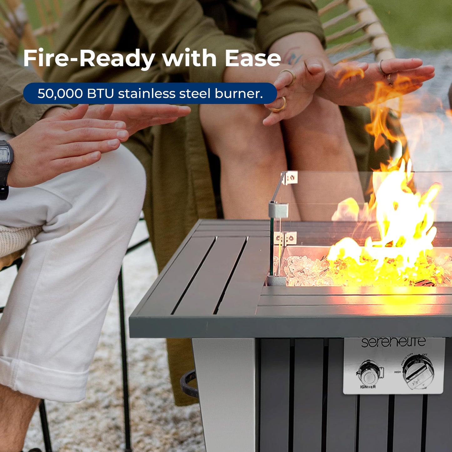 SereneLife Outdoor Propane Gas Fire Pit Table – 50,000 BTU Auto-Ignition Firepit with Glass Wind Guard, Black Tempered Glass Top & Clear Glass Rocks for Garden, Patio, or Backyard