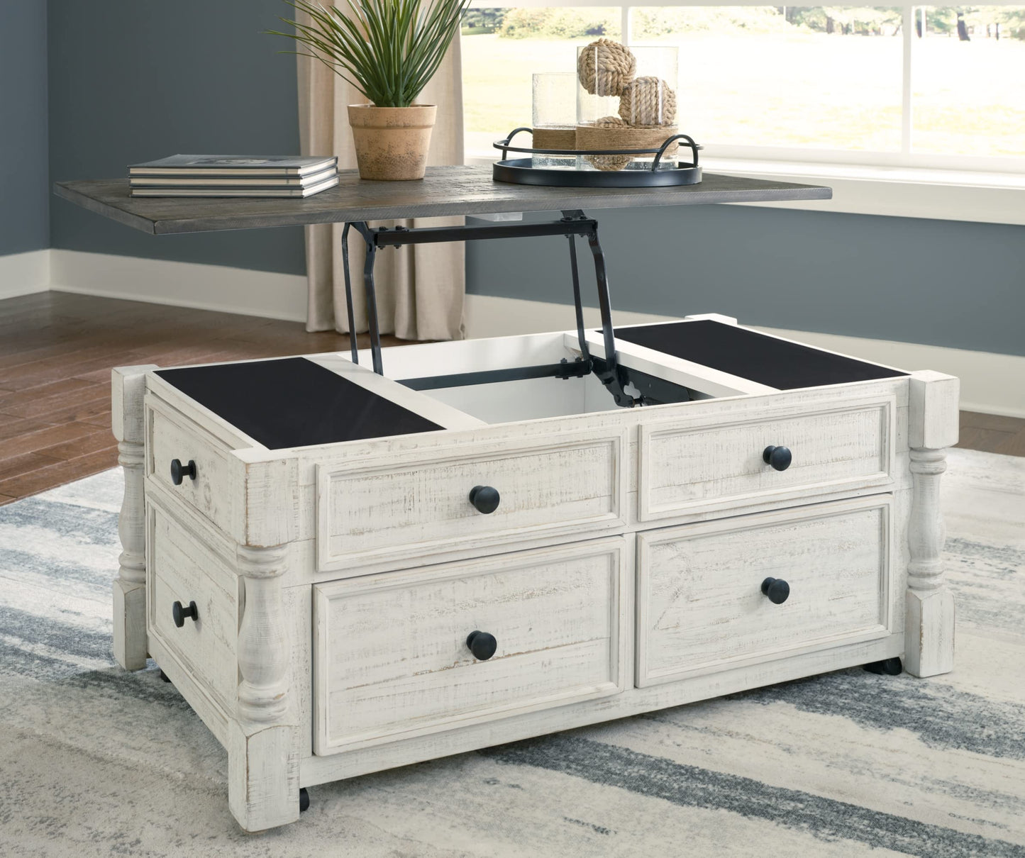 Signature Design by Ashley Havalance Farmhouse Lift Top Coffee Table with Fixed Shelf and 2 Hidden Storage Trays, Gray & White with Weathered Finish