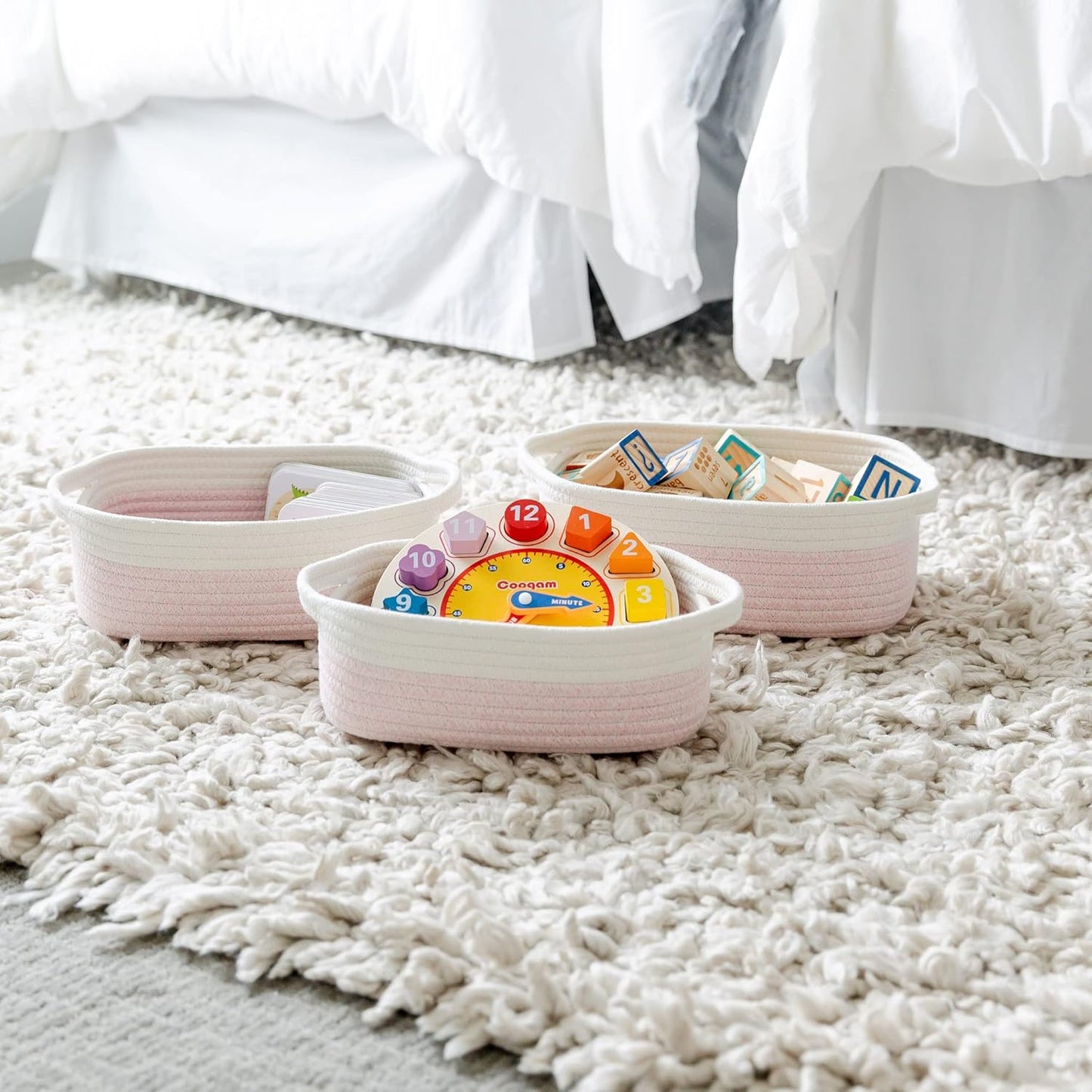 NaturalCozy 5-Piece Rectangle Storage Basket Set- Natural Cotton Rope Woven for Organizing! Small Basket for Montessori, Baby Nursery, Dog Toy Baskets, Cat Toy Box, Bathroom Organization Bin