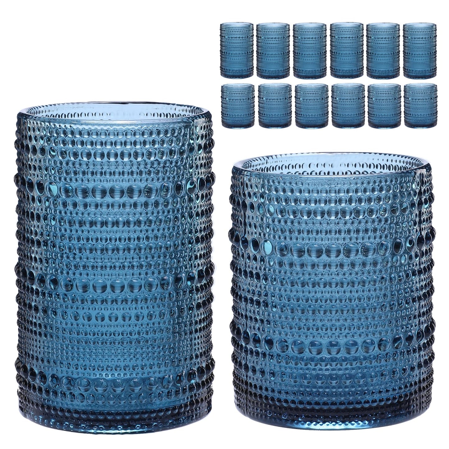 Vintage Glassware Drinking Glasses Set of 6,15 oz Hobnail Glass Cups,Embossed Blue Water Tumbler,for Beer,Cocktail,Whiskey,Juice and Various Mixed Drinks- 1 Cleaning Brush