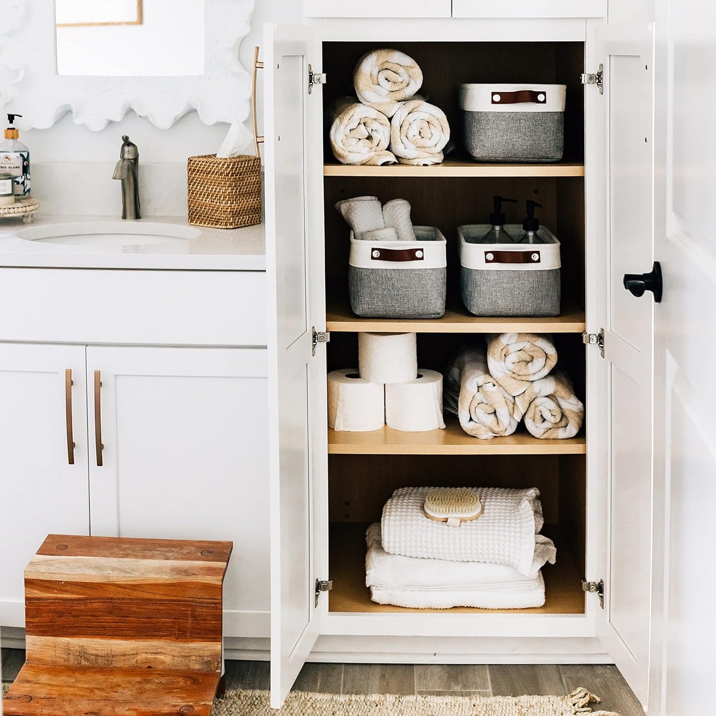 OrganiHaus Small Fabric Storage Baskets for Shelves 3 Pack, 12x8in Closet Storage Bins for Shelves, Cloth Baskets for Organizing, Linen Closet Organizers, Fabric Basket, Beige/White