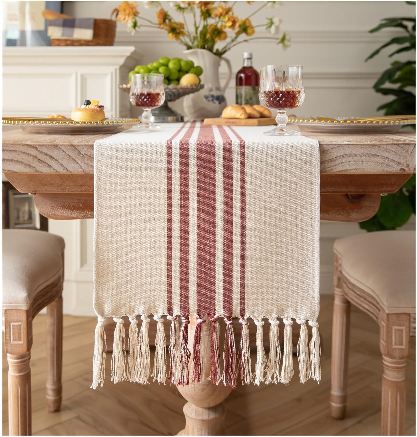 Caflife Boho Table Runner for Modern Farmhouse Decor, Dining Table décor 13 x 72 Inch Long, Coffee Table Runner with Handcrafted Tassels, Green and Beige Stripe Table Runner for Home Boho décor