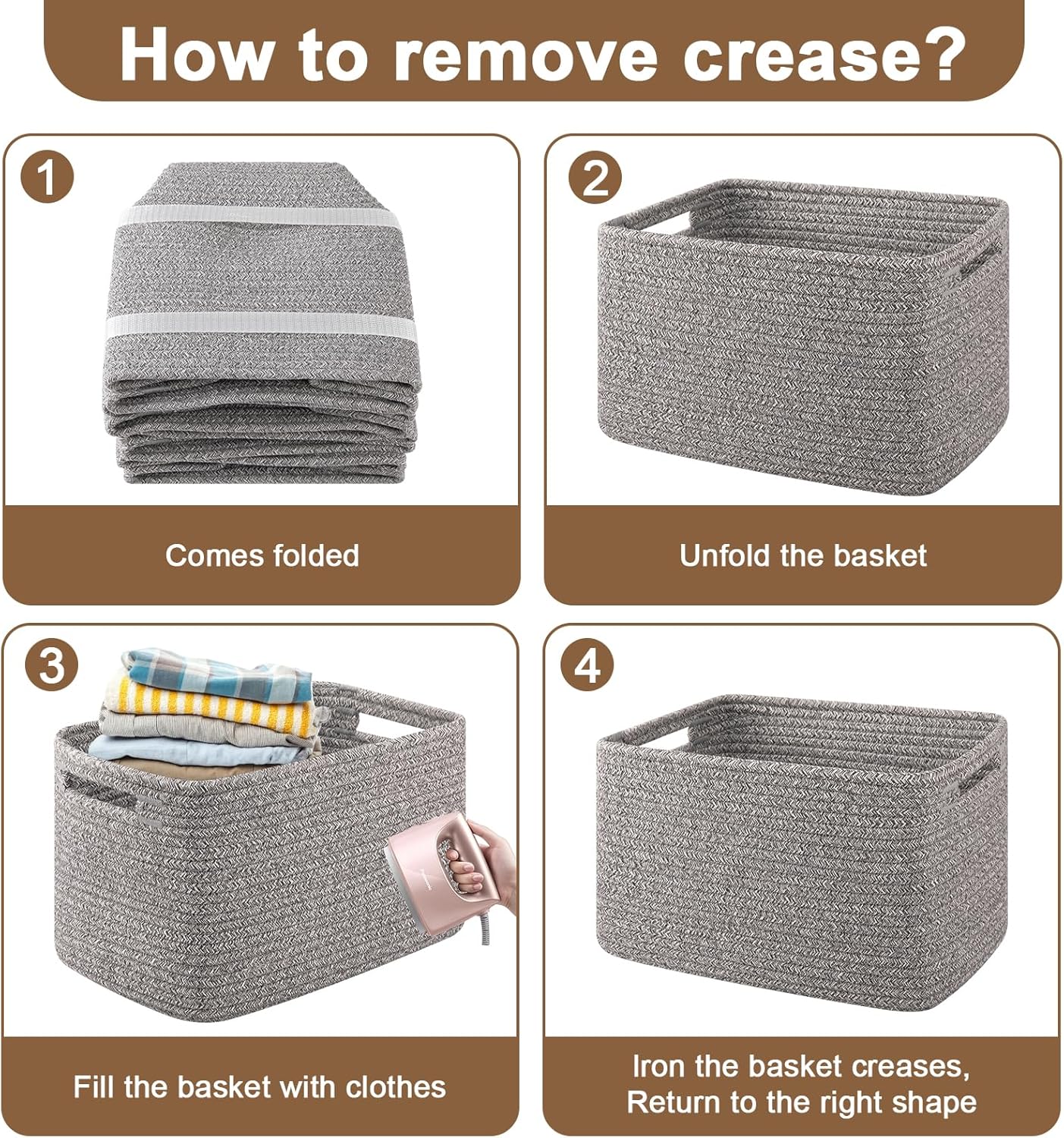 Storage Baskets for Organizing, Woven Decorative Baskets for Shelves - Books, Towels, and Clothes, Cotton Rope Toy Storage Bins, 12.7''Lx9''Wx7.8''H, Pack of 4, Brown