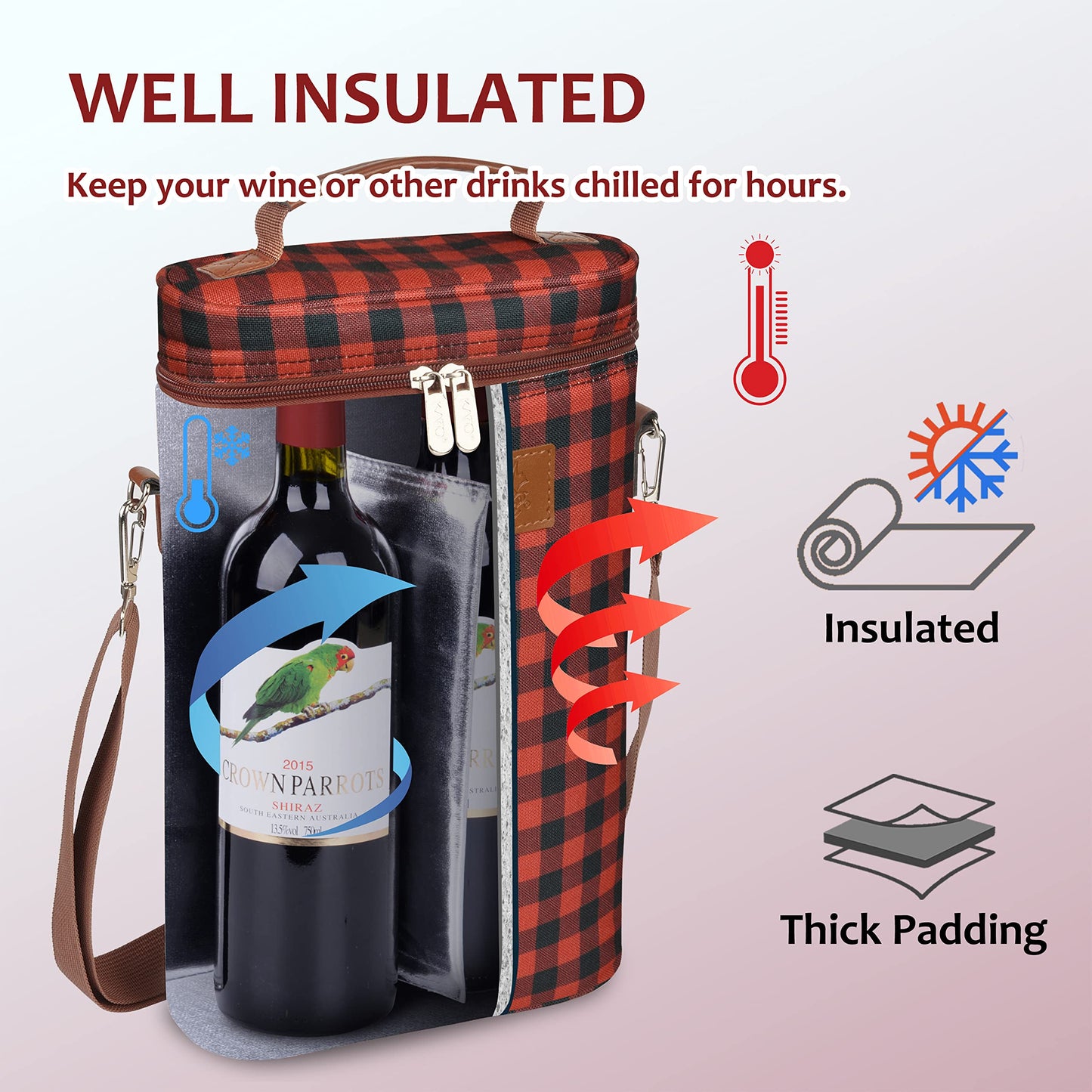 Tirrinia 2 Bottle Leakproof Insulated Wine Tote Carrier Bag - Padded Cooler for Travel, Restaurants, Tasting, Parties, Great Gift for Wine Lovers