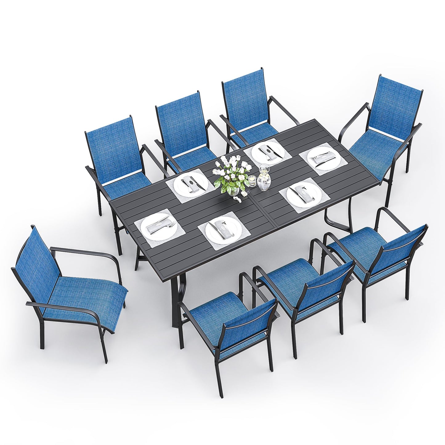 9-Piece Outdoor Patio Dining Set with 8 Swivel Rocker Chairs, Rectangular Metal Table with Umbrella Hole, 8-Person Patio Table and Chairs for Backyard, Poolside, Balcony and Garden Grey