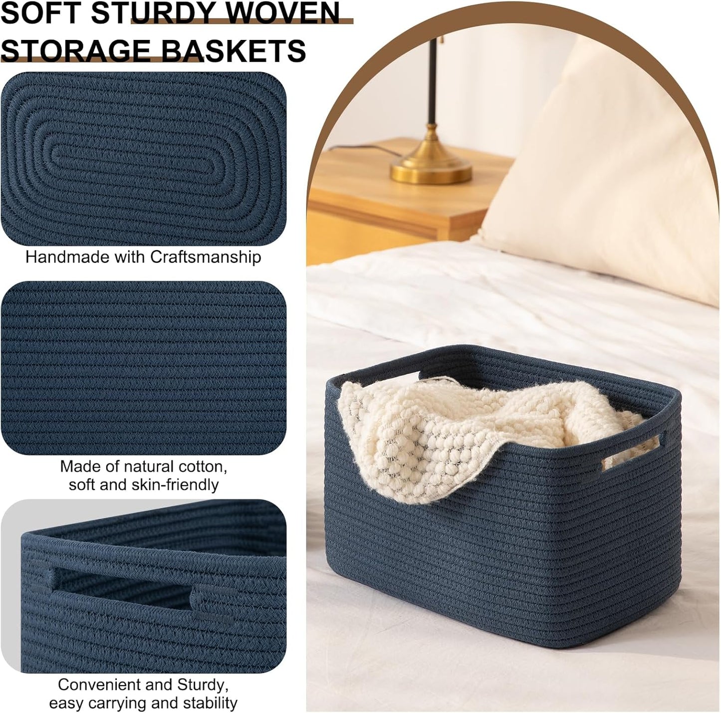 Storage Baskets for Organizing, Woven Decorative Baskets for Shelves - Books, Towels, and Clothes, Cotton Rope Toy Storage Bins, 12.7''Lx9''Wx7.8''H, Pack of 4, Brown