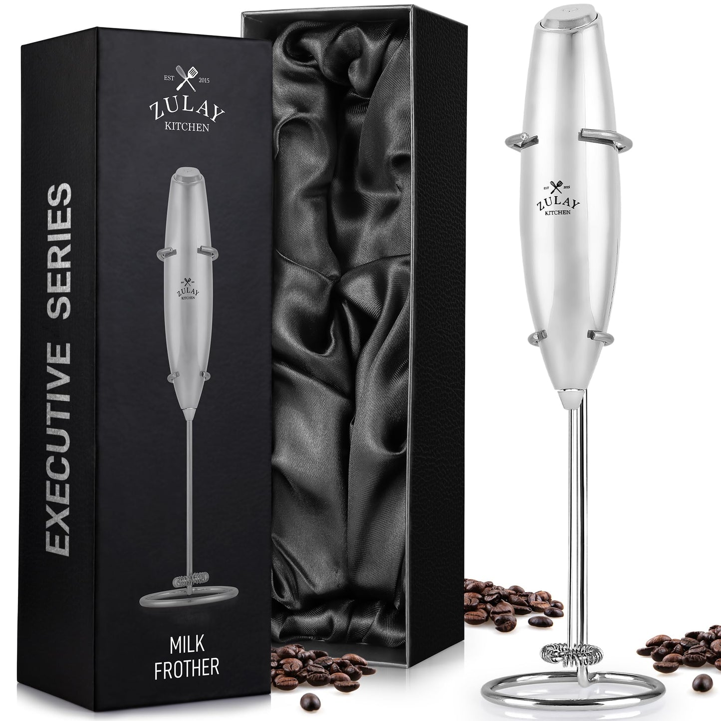 Zulay Double Whisk Milk Frother Handheld Mixer - High Powered Frother For Coffee With Improved Motor - Milk Frother Electric Whisk Drink Mixer For Cappuccino, Frappe, Matcha, Twin Whisk - Black/Copper