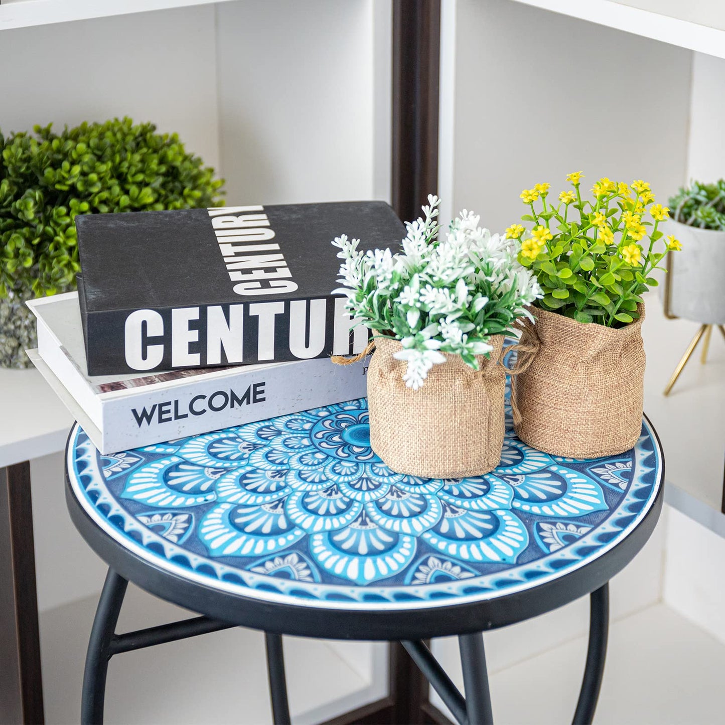 VCUTEKA Mosaic Side Table, 21" Round End Table with 14" Ceramic Tile Top, Patio Accent Table Indoor and Outdoor End Table for Yard, Garden, Living Room, Bistro Balcony or Lawn Golden Sun
