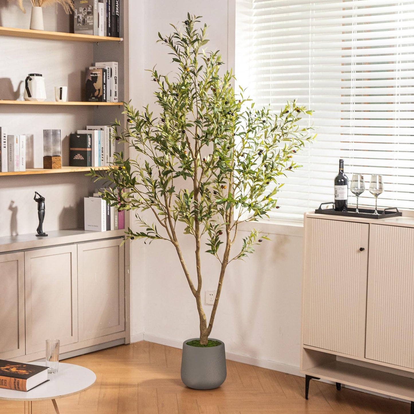 Olive Trees Artificial Indoor, 6FT Tall Faux Olive Tree with White Tall Planter, Artificial Plants with Natural Wood Trunk and Lifelike Fruits for Home Office Decor