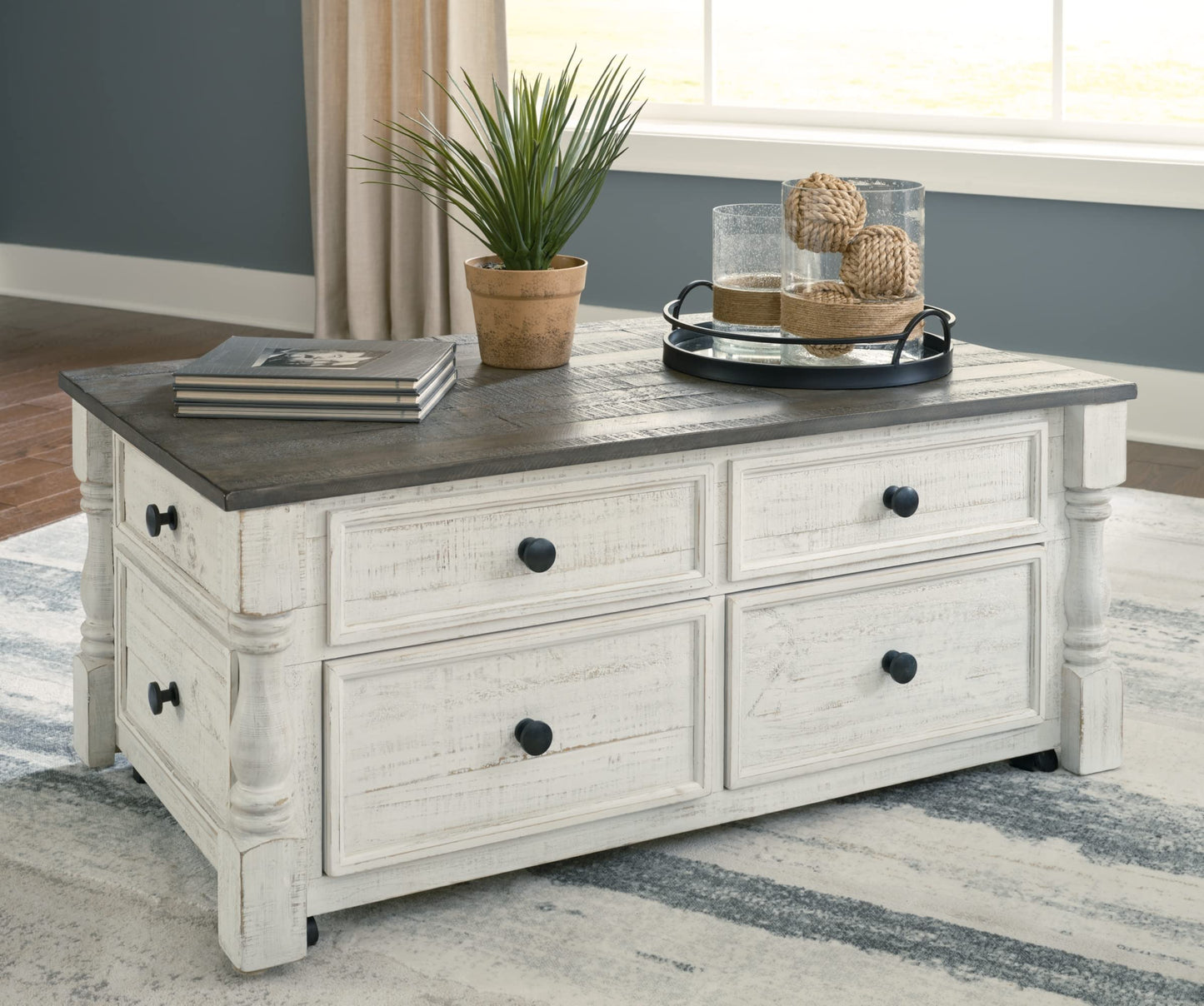 Signature Design by Ashley Havalance Farmhouse Lift Top Coffee Table with Fixed Shelf and 2 Hidden Storage Trays, Gray & White with Weathered Finish