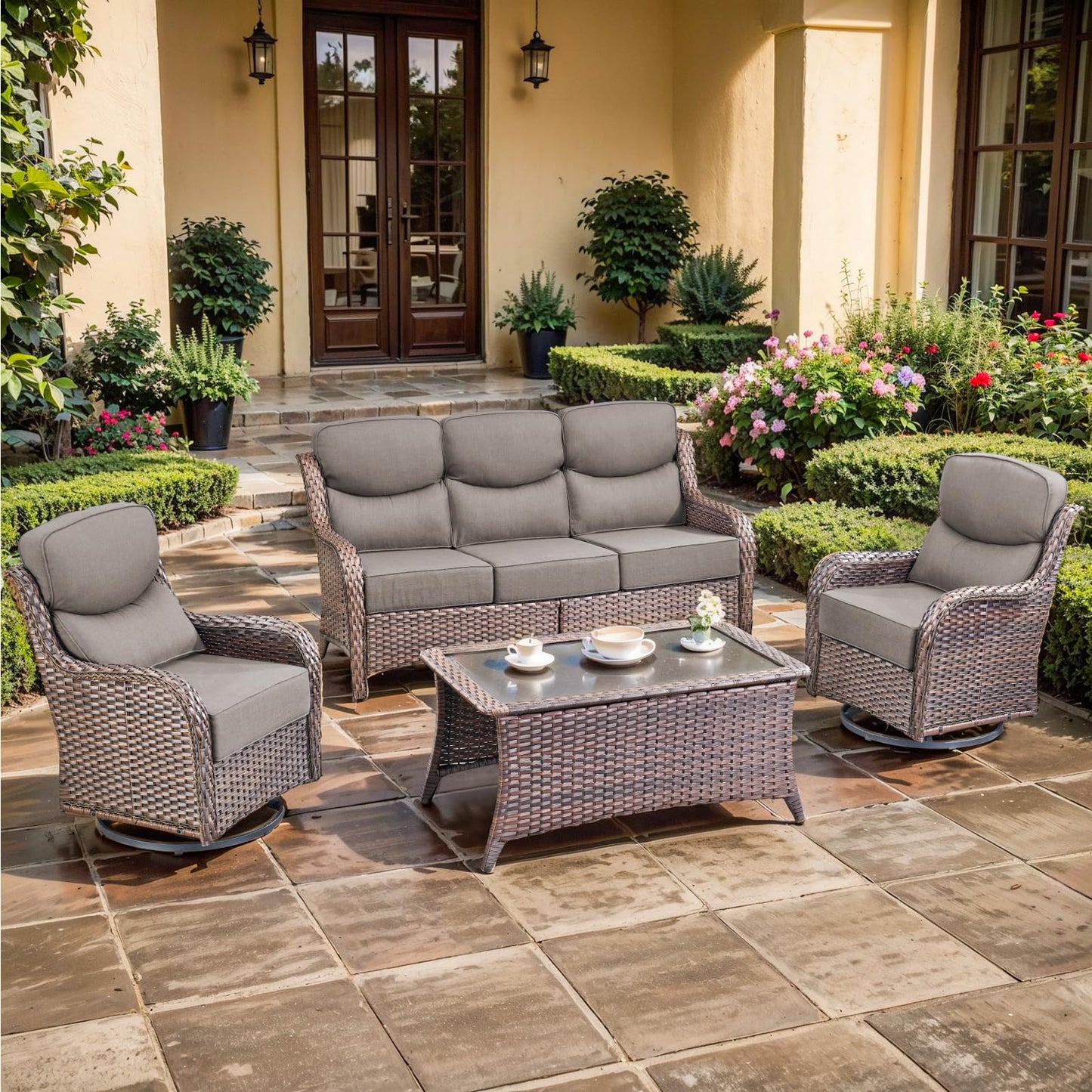 Luxury Outdoor Swivel Rocker Patio Chairs, High Back Swivel Patio Chairs with Side Table & 6-Inch Thick Cushions, Wicker Outdoor Bistro Set for Porch, Yard, Deck, Poolside, Brown/Beige