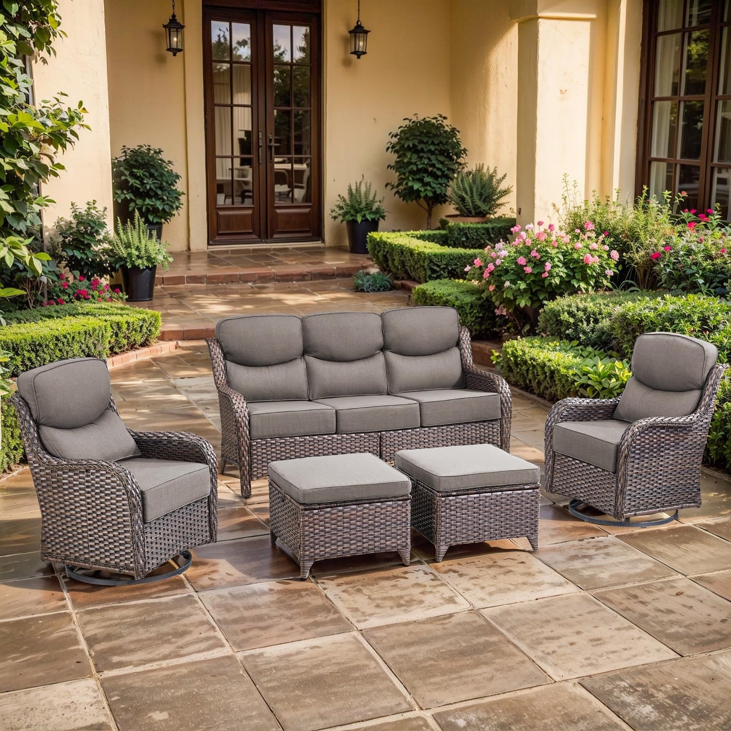 Luxury Outdoor Swivel Rocker Patio Chairs, High Back Swivel Patio Chairs with Side Table & 6-Inch Thick Cushions, Wicker Outdoor Bistro Set for Porch, Yard, Deck, Poolside, Brown/Beige