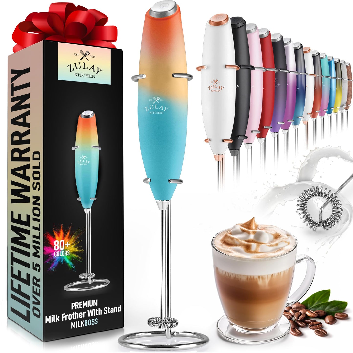 Zulay Double Whisk Milk Frother Handheld Mixer - High Powered Frother For Coffee With Improved Motor - Milk Frother Electric Whisk Drink Mixer For Cappuccino, Frappe, Matcha, Twin Whisk - Black/Copper