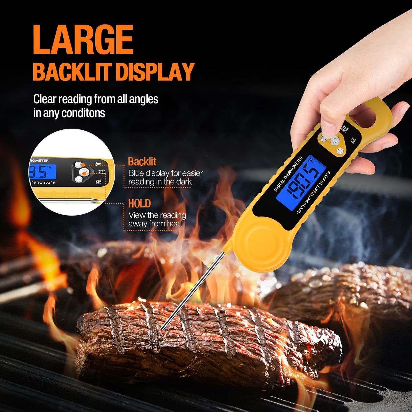 Meat Thermometer Digital, Instant Read Food Thermometer - Waterproof w/Backlight for Cooking, Candy, Deep Fry, BBQ, Grill, Smoker and Roast, Camping & Kitchen Essentials