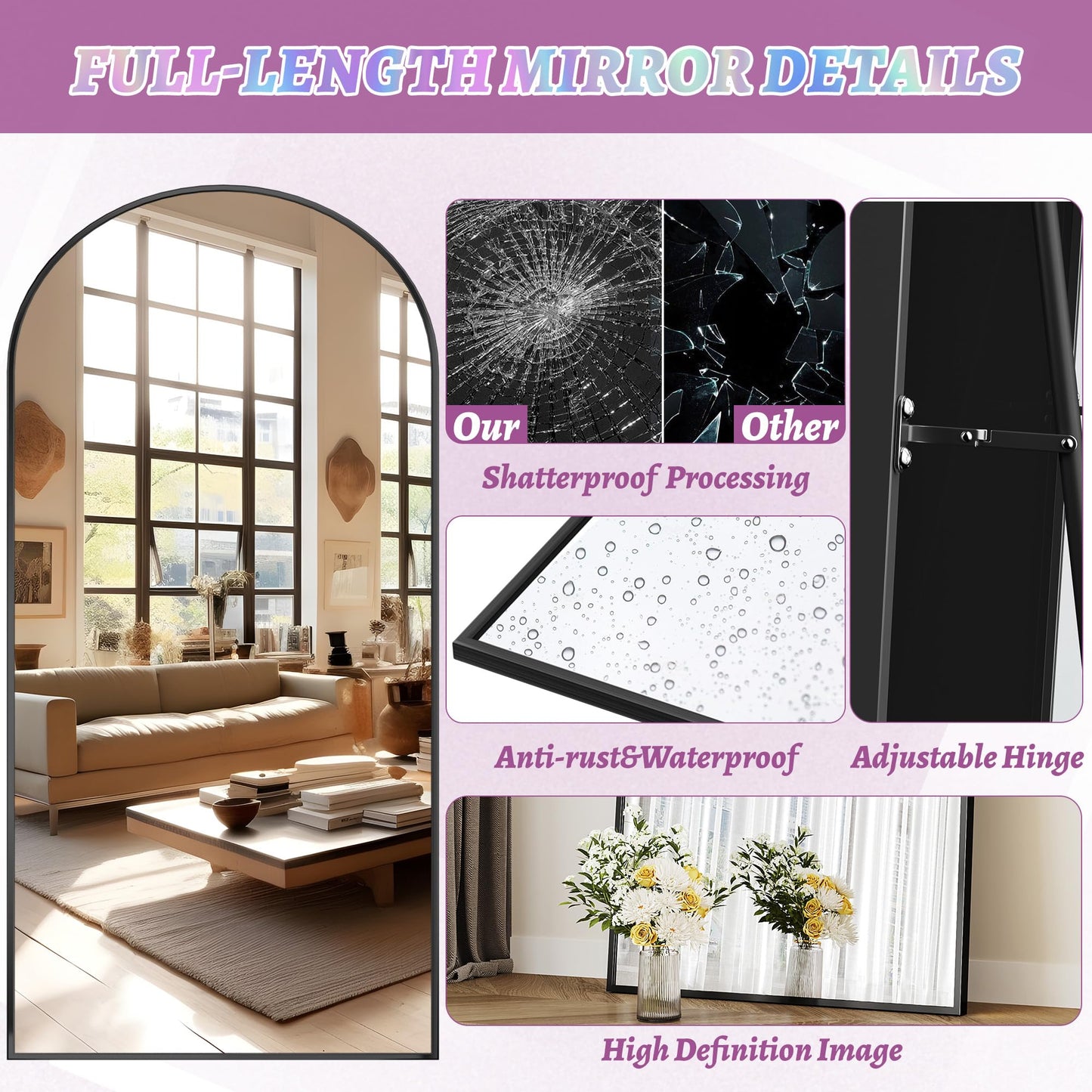 Full Length Mirror, 76"x34" Arched Floor Mirror Freestanding, Floor Standing Full Body Mirror with Stand for Bedroom, Hanging Mounted for Living Room Cloakroom, Black