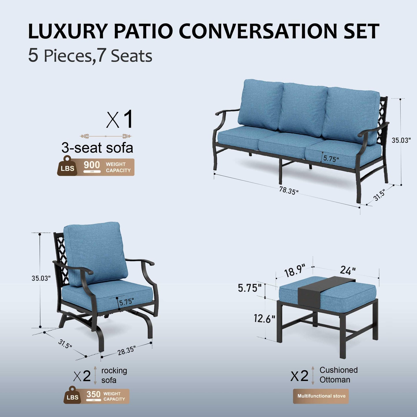 HERA'S HOUSE 7 Piece Patio Furniture Set, 2 x Rocking Chair, 2 x Fixed Chair, 2 x Ottoman, 1 x 3-Seat Sofa, All Cushioned 9 Seats Outdoor Conversation Set for Lawn Garden Backyard