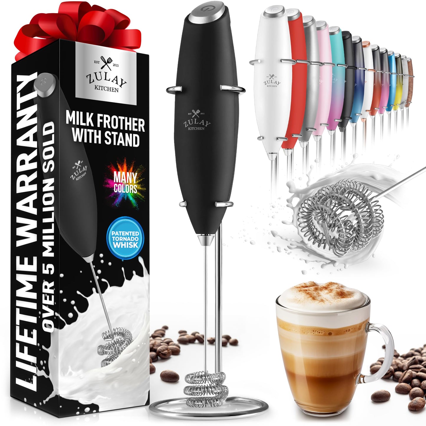 Zulay Double Whisk Milk Frother Handheld Mixer - High Powered Frother For Coffee With Improved Motor - Milk Frother Electric Whisk Drink Mixer For Cappuccino, Frappe, Matcha, Twin Whisk - Black/Copper