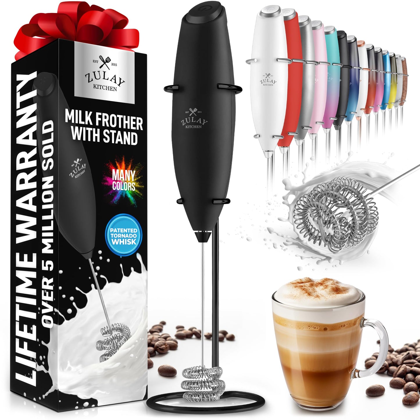 Zulay Double Whisk Milk Frother Handheld Mixer - High Powered Frother For Coffee With Improved Motor - Milk Frother Electric Whisk Drink Mixer For Cappuccino, Frappe, Matcha, Twin Whisk - Black/Copper