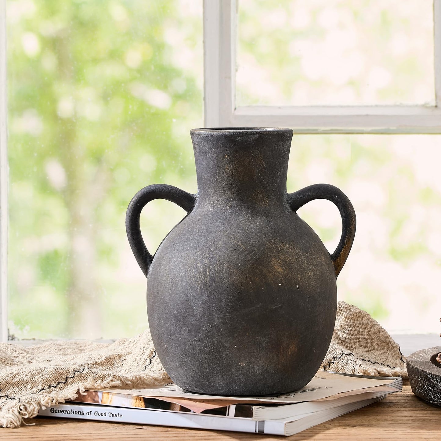 SIDUCAL Rustic Ceramic Farmhouse Flower Vase with 2 Handles, Whitewashed Terra Cotta Vase, Decorative Pottery Flower for Home Decor, Table, Living Room, Shelf Decor, 7.3 Inch, Terra