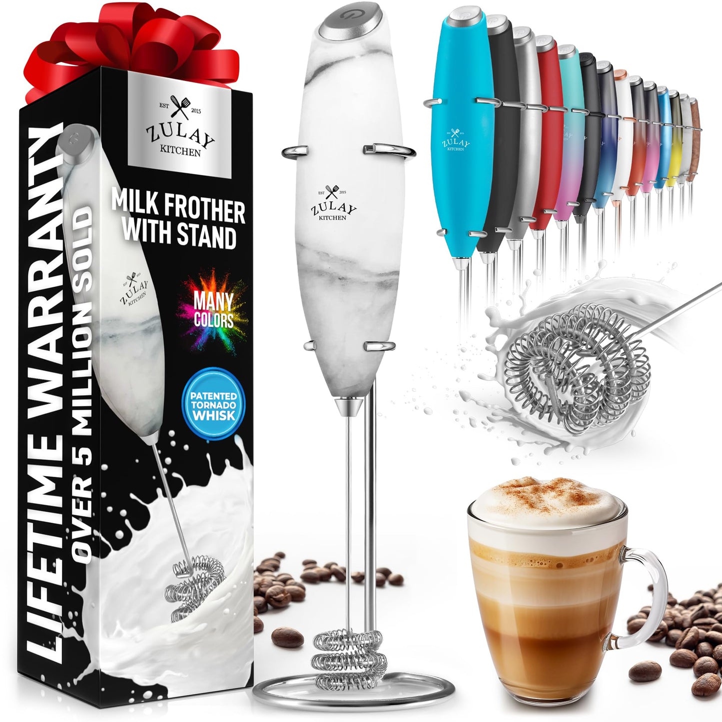 Zulay Double Whisk Milk Frother Handheld Mixer - High Powered Frother For Coffee With Improved Motor - Milk Frother Electric Whisk Drink Mixer For Cappuccino, Frappe, Matcha, Twin Whisk - Black/Copper