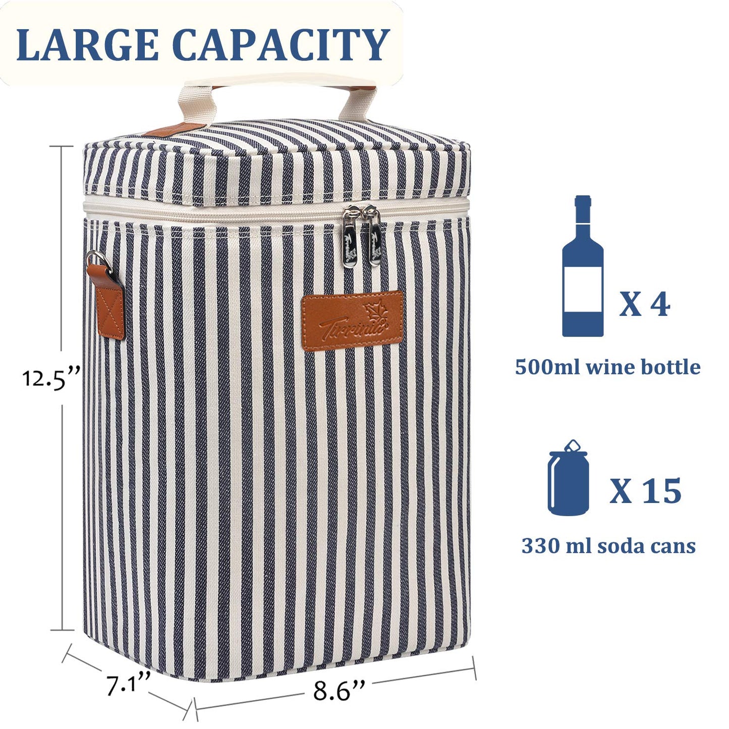 Tirrinia 2 Bottle Leakproof Insulated Wine Tote Carrier Bag - Padded Cooler for Travel, Restaurants, Tasting, Parties, Great Gift for Wine Lovers