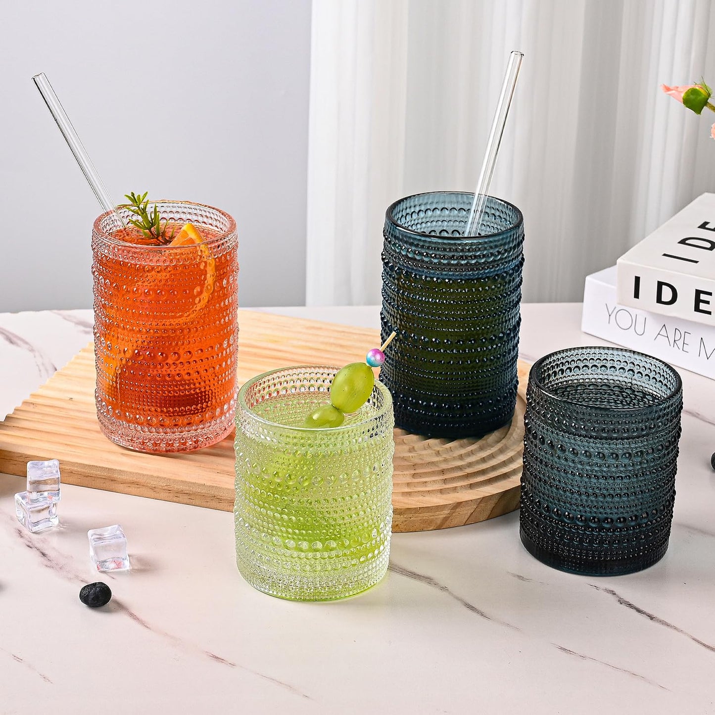 Vintage Glassware Drinking Glasses Set of 6,15 oz Hobnail Glass Cups,Embossed Blue Water Tumbler,for Beer,Cocktail,Whiskey,Juice and Various Mixed Drinks- 1 Cleaning Brush