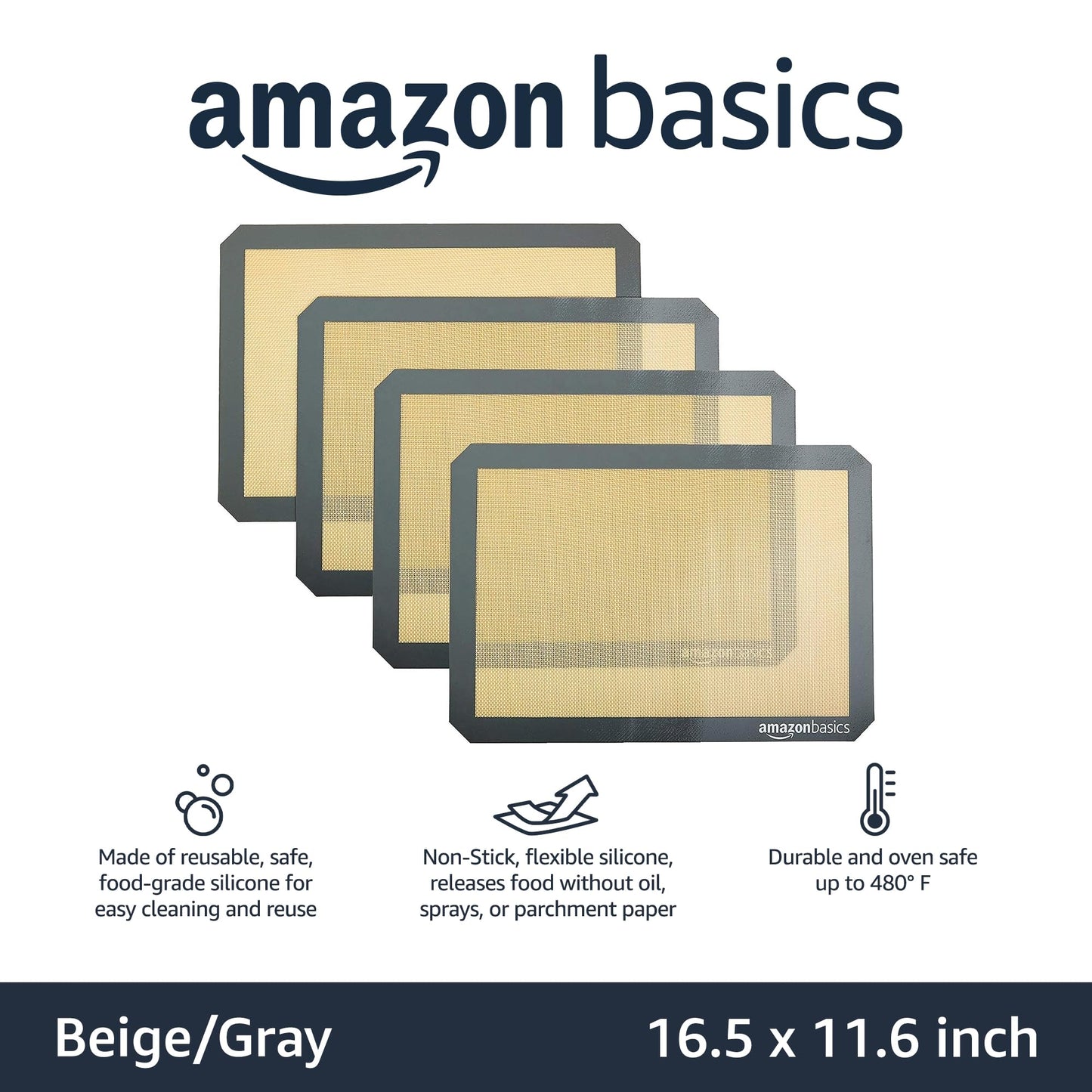 Amazon Basics Rectangular Silicone, Non-Stick Reusable, Food Safe Baking Mat, Pack of 2, 16.5"L x 11.6"W, New Beige/Gray