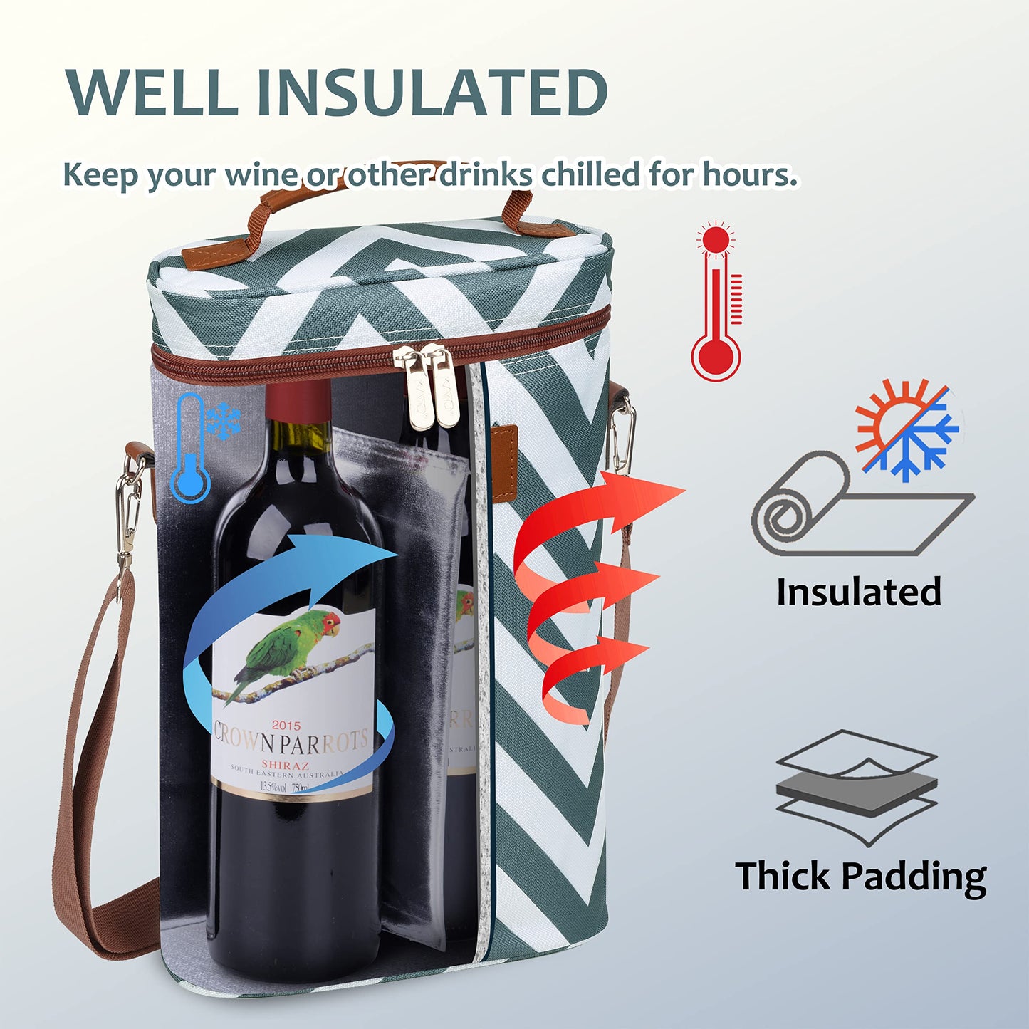 Tirrinia 2 Bottle Leakproof Insulated Wine Tote Carrier Bag - Padded Cooler for Travel, Restaurants, Tasting, Parties, Great Gift for Wine Lovers
