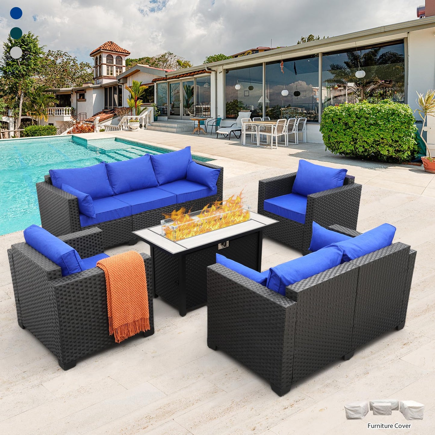 Rattaner 5 Pcs Outdoor Furniture Sets Patio Furniture Set with 45" Fire Pit Patio Couch Outdoor Chairs 60000 BTU Steel Propane Fire Pit Table No-Slip Cushions and Waterproof Covers, Light Grey