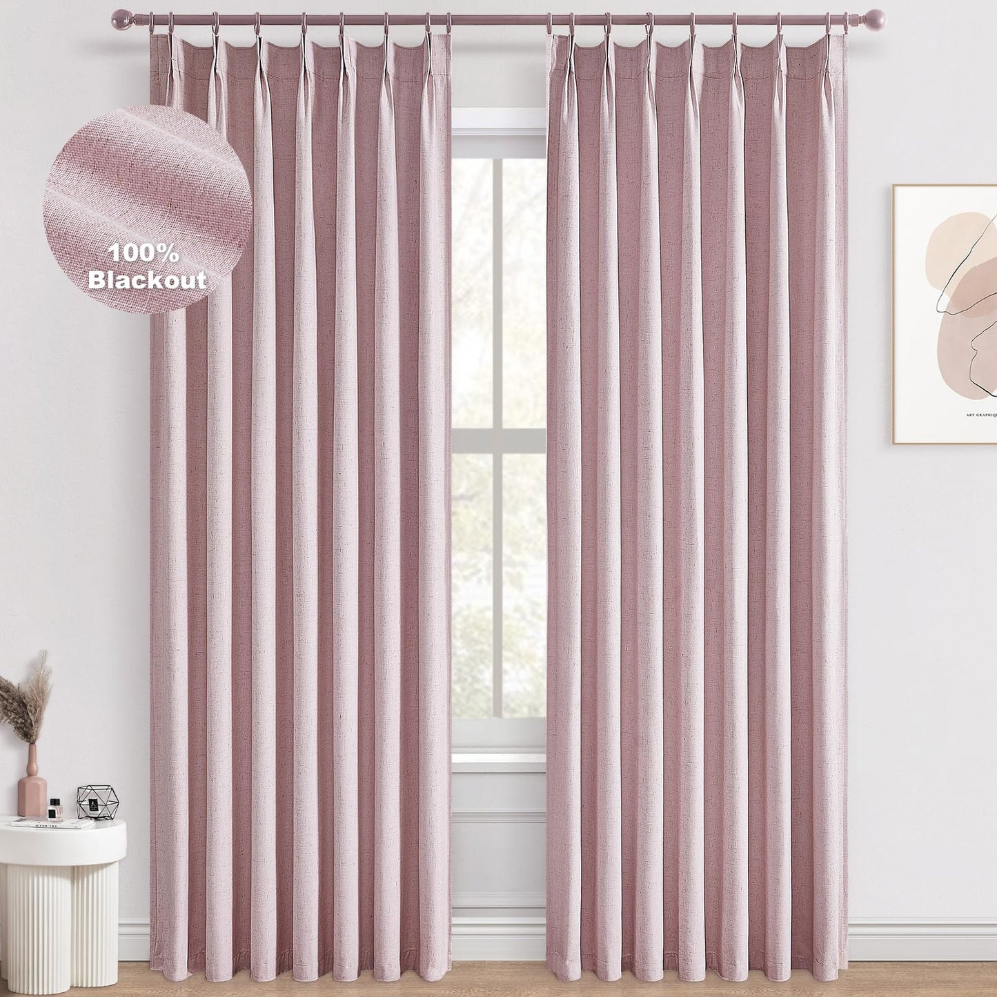 Topfinel 120 Inches Long Extra Long Pinch Pleat Faux Linen Curtains for Living Room,Neutral Beige 100 Percent Blackout Floor to Ceiling Farmhouse Sound Absorbing Drapes 2 Panels for Track System 10 FT