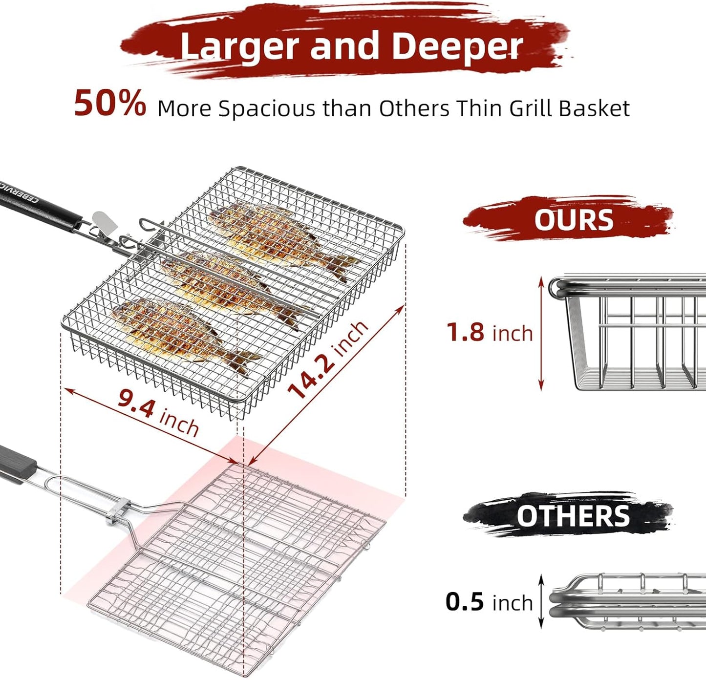 Grill Basket Extra Large, SUS304 Stainless Steel, Portable Folding BBQ Camping Grilling Rack for Fish, Vegetables, Shrimp, Barbeque Griller Cooking Accessories, Grilling Gifts for Men, Dad